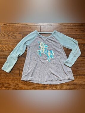Justice Gray Sweater with Teal Sequin Unicorn
